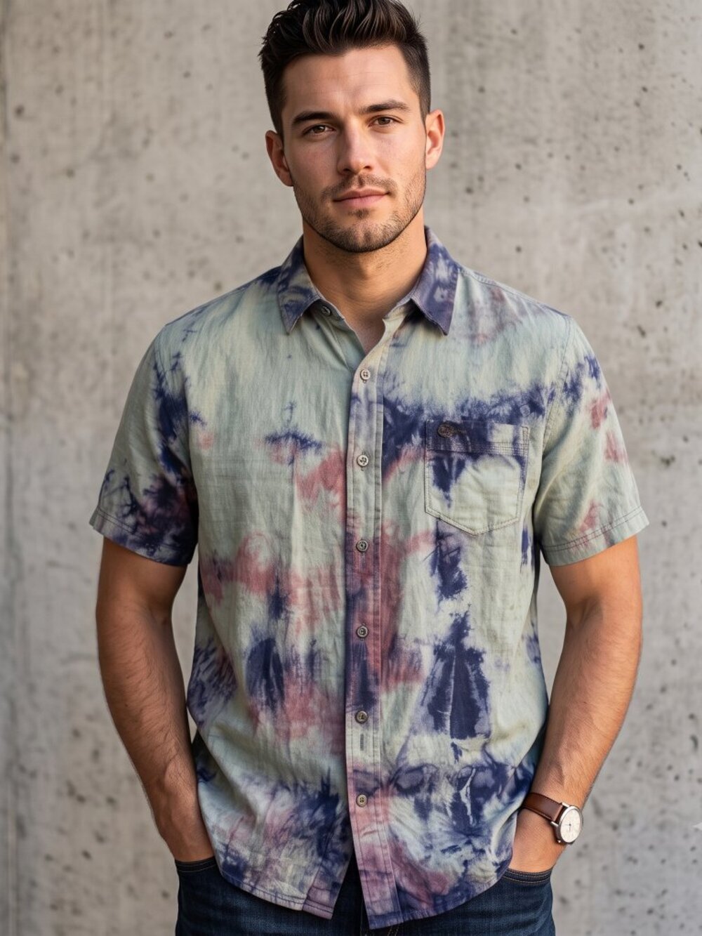 Timberland Khaki Cotton Shirt Short Sleeve Size Small Tie dye Green Red Blue
